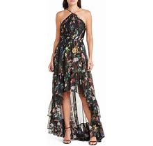 Marchesa Notte Floral Halter High-Low Cocktail Dress In Black Combo At Nordstrom, Size 6