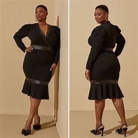 Plus Size Faux Leather Trim Flounced Dress, BLACK, 30/32 - Ashley Stewart