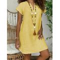 Women's Solid Color Notched Neckline Loose Casual Dress,XS