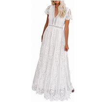 Icuanyi Womens Dresses Clearance Women's V Neck Short Sleeve Floral Lace Wedding Dress Bridesmaid Cocktail Party Maxi Dress