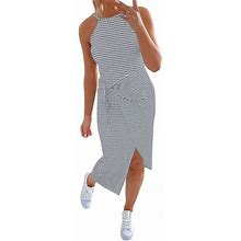 Wendunide 2024 Clearance Sales, Summer Dress Women Summer Casual Halter Neck Sleeveless Striped Midi Dress Wrap Waist Tank Dresses Grey M