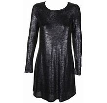 Bar Iii Deep Black Silver Metallic Long-Sleeve Sequined Shift Dress S