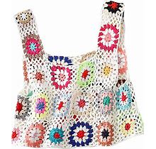 Women's Summer Crochet Tank Top Colorful Floral Embroidery Knit Vest Tops Boho Camisole Beachwear