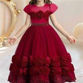 Girl Formal Dress, Prom Dress, Pageant Dresses Ball Gown 3D Flower & Lace Embroidered Dress For Kids Pageant Wedding,Burgundy,User-Friendly,Temu