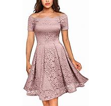 Missmay Womens Vintage Floral Lace Short Sleeve Boat Neck Cocktail Party Swing Dress Pink Medium