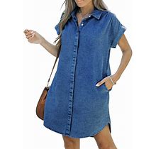 KDF Denim Shirt Dress Women - Denim Dress For Women With Pockets Denim Button Down Shirt Dresses For Women Summer 2023