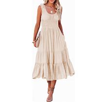 Alvaq Women Summer Dresses Sleeveless Smocked Midi Dress High Waist Casual Tiered A Line Sundress With Pockets