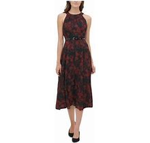 Tommy Hilfiger Womens Red Belted Zippered Printed Sleeveless Halter Midi Fit + Flare Party Dress Size 2