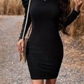 Solid Color Ruched Long Sleeve Dress, Elegant Crew Neck Bodycon Knit Dress For Spring & Fall, Women's Clothing,Black,Handpicked,Temu
