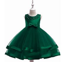 Emerald Green Girls Beaded Tulle Birthday Princess Dress With Satin Tr