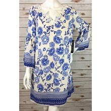 Luxology Tunic Dress Medium(10) Bell Sleeve V Neck Lined Blues Floral