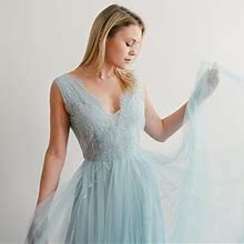 Ready To Ship/ Tulle Ball Gown, Light Blue Evening Dress, Lace Prom Gown, V-Neckline Dress, Princess Cinderella Dress, A Line Party Dress