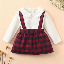 Baby Girls Cute Long Sleeve Tee Top & Suspender Dress 2Pcs Set,Red,Trending,Temu