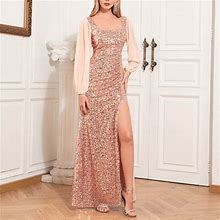 Munlar Square Neck Women's Evening Dress Long Sleeve Dress Solid High Split Sequins Formal Maxi Dress