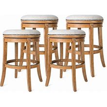 Maven Lane Alexander 31 Inch Tall Bar Height Rotating Backless Barstool In Weathered Oak Finish With Sand Color Fabric Upholstered Seat, Set Of 4