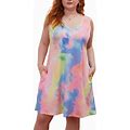 Women Plus Size V Neck Sleeveless Floral Print Pocket T Shirt Dresses Casual Midi Tank Dress Beach Cover Up Sundress (XL-5X)