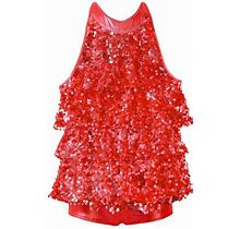 Girls Sleeveless Shiny Sequins Halter Tassel Mini Dress Latin Jazz