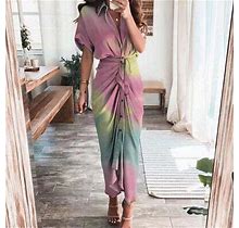Women's Short Sleeve Tie Up Tunic Dress Ladies V Neck Ball Gown Party