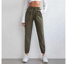 Voss Women Solid Color Pocket Cotton And Linen Elastic Waist Loose Toe Casual Pants