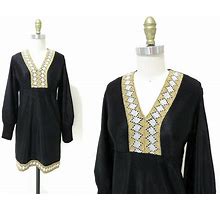 Vintage 1970S Metallic Mini Dress | Metallic Gold And Silver Trimmed 1960S Mod Mini Dress | Size Medium