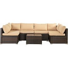 Brown 7-Piece Wicker Outdoor Patio Conversation Sectional Sofa Seating Set With Khaki Cushions And Pillow
