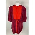 Fossil Red Orange Maroon Color Block 100% Silk Shift Henley Dress Xs