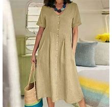 Hombom Shift Dress For Women Short Sleeve Khaki Casual Dresses For Women V-Neck Solid Summer Dresses For Women M