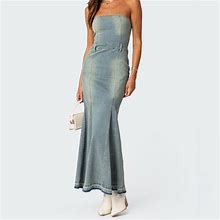 Edikted Dresses | Edikted Women's Astoria Slitted Denim Maxi Dress In Blue Washed Size Sz Bnwt | Color: Blue | Size: Various
