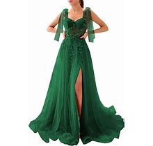 Dymaisei Appliques Tulle Prom Dresses Spaghetti Straps Formal Dresses With Slit Sweetheart Ball Gown