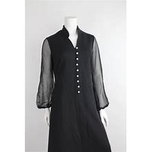 Lady Blair Nehru Collar Dress | Vintage 60S-70S Black Maxi With Rhinestone Buttons | Long Black Dress With Sheer Sleeves | XS - S