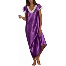 Qipopiq Cocktail Dresses For Women Short Sleeve V Neck Homewear Pajamas Summer Dress Long Dress Nightgowns Sleepwear 2023 Deals Purple M