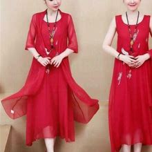 Chinese Women Ethnic Floral Long Dress Jacket 2Pcs Suit Cotton Linen Summer Size