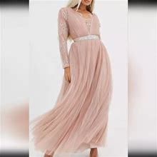 Asos Design Petite Lace Sleeve Plunge Tulle Maxi Dress Embellished In Dusty Pink | Color: Cream/Pink | Size: 4P