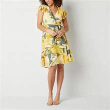 Danny & Nicole Short Sleeve Floral Fit + Flare Dress | Yellow | Womens 4 | Dresses Fit + Flare Dresses | Belted|Faux Wrap | Spring Fashion | Easter Fa