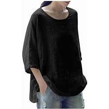 Owordtank Cotton Linen 3/4 Sleeve Blouse For Women Loose Fitted Tops Summer Fall Clothes