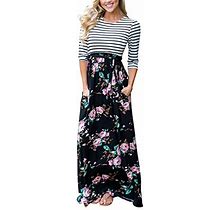 Merokeety Womens Striped Floral Print 34 Sleeve Tie Waist Maxi Dress With Pockets Black Floral Small