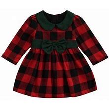Dewadbow Xmas Kids Girls Autumn Sweet Dress Collar Long Sleeve Plaid Bowknot A-Line Dress