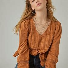 Lucky Brand Pintuck Lace Long Sleeve Top - Women's Clothing Long Sleeve Tee Shirt Tops In Glazed Ginger, Size 2XL