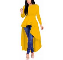 Gyouwnll Dress For Women Shirt Dress Tops Bodycon Women Low Ruffle Dresses Long For Sleeve High Women's Dress Yellow XXL