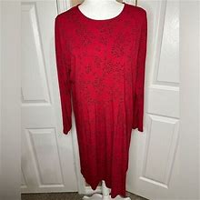 J. Jill Red Black Leaf Design Long Sleeve Swing Dress Sz Large Petite