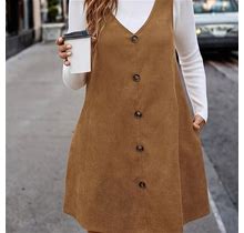 Plus Size Casual Overall Dress, Women's Plus Solid Corduroy Button Decor V Neck Mini Dress With Pockets,Camel,Must-Have,Temu