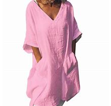 Plus Size Dresses Summer Casual Solid Color Short Sleeve Loose Dress With Pocket Cocktail Dresses 2024 Pink L