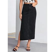 Women Solid Color Denim Skirt With Slit And Pockets,Tall L