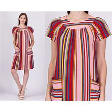 70S Rainbow Striped Terrycloth Dress Extra Small | Vintage Boho Red Loungewear Beach Towel Pocket Dress