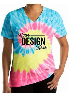 Sample - Port & Company Women's Tie-Dye V-Neck T-Shirt - Neon Rainbow - Size S