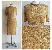 1990S Gold Beaded Sheath Cocktail Party Dress With Short Sleeves, Some Condition Issues {36" Bust}