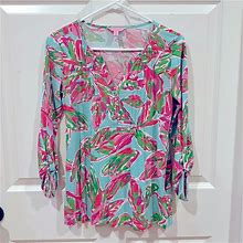 Lilly Pulitzer Tops | Lilly Pulitzer Multi Floral Turquoise Printed Jersey Top | Color: Blue | Size: Xxs