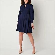 Danny & Nicole Long Sleeve Fit + Flare Dress | Blue | Womens 16 | Dresses Fit + Flare Dresses | Stretch Fabric|Tie-Waist | Spring Fashion | Easter Fas