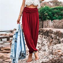 Hupom Palazzo Pants For Women Pants For Women In Clothing Standard High Waist Rise Ankle Flare-Leg Wine L