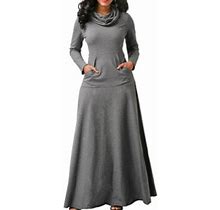 Womens Ladies Casual Pocket Maxi Dress Long Sleeve High Neck Pullover